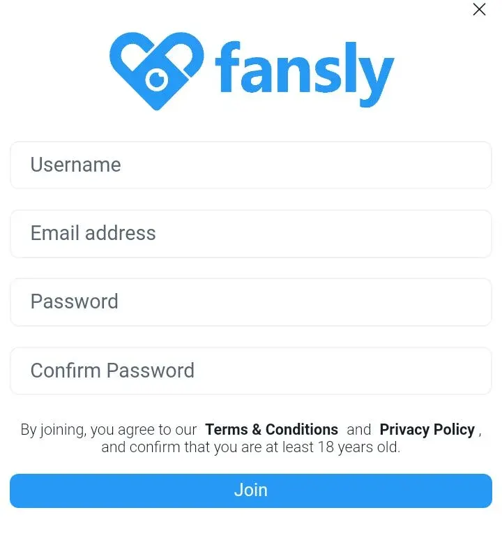 Tela de cadastro do Fansly no celular
