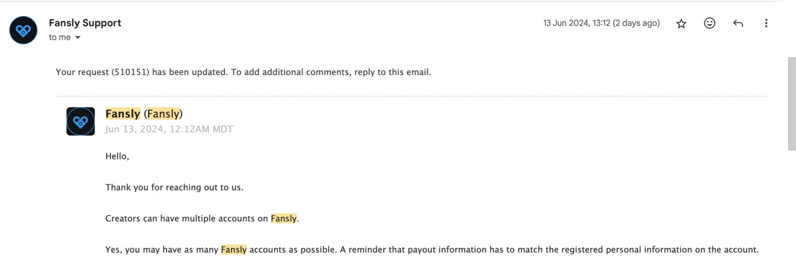 Resposta do suporte do Fansly confirmando que não há limite de contas por criador