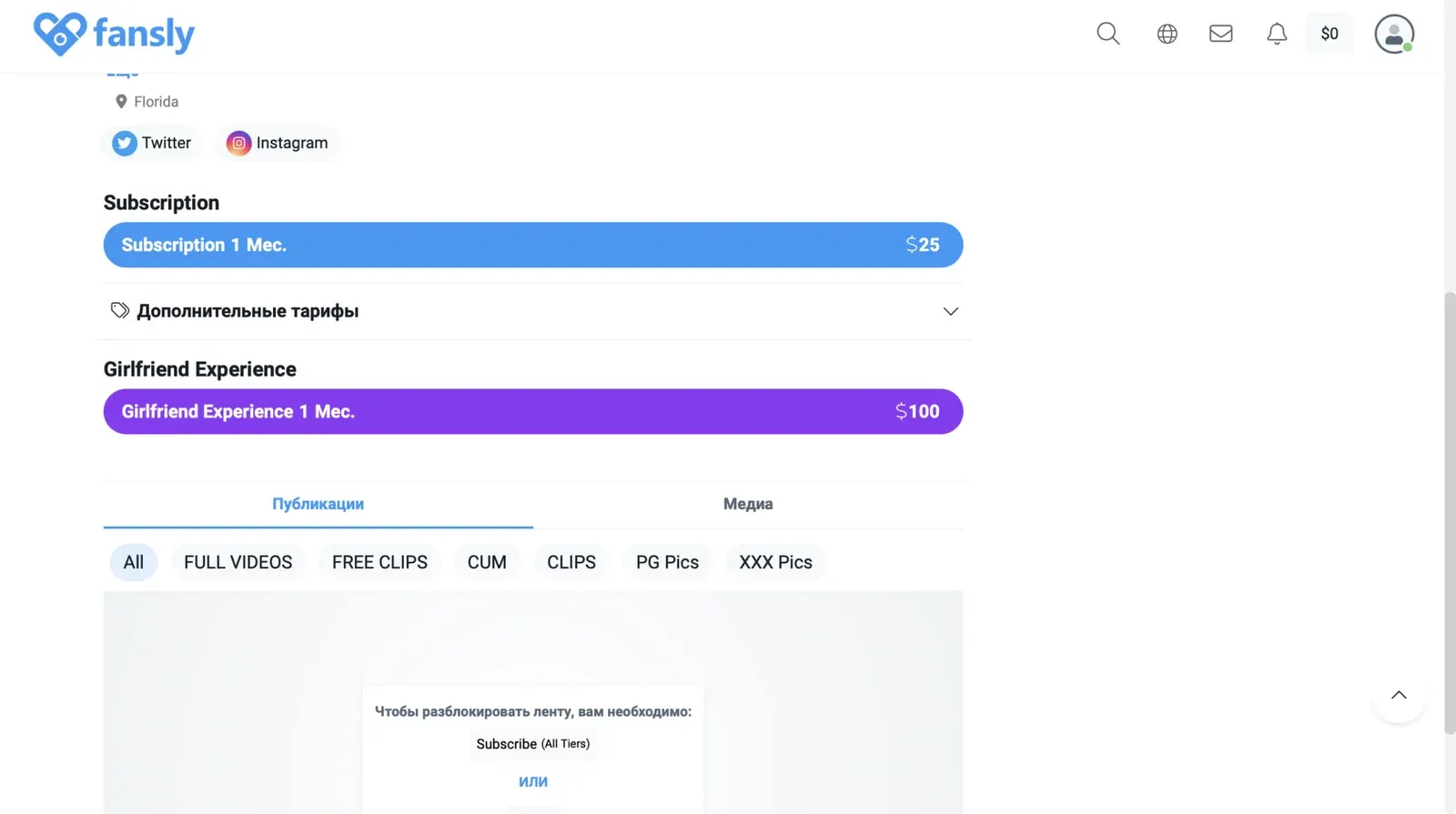 Información de suscripciones en un perfil de Fansly