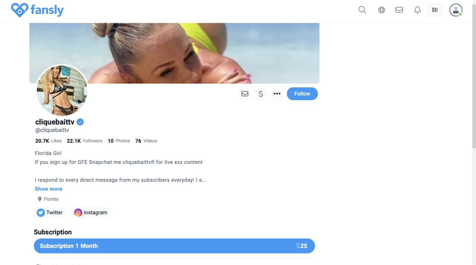Screenshot of Fansly profile information