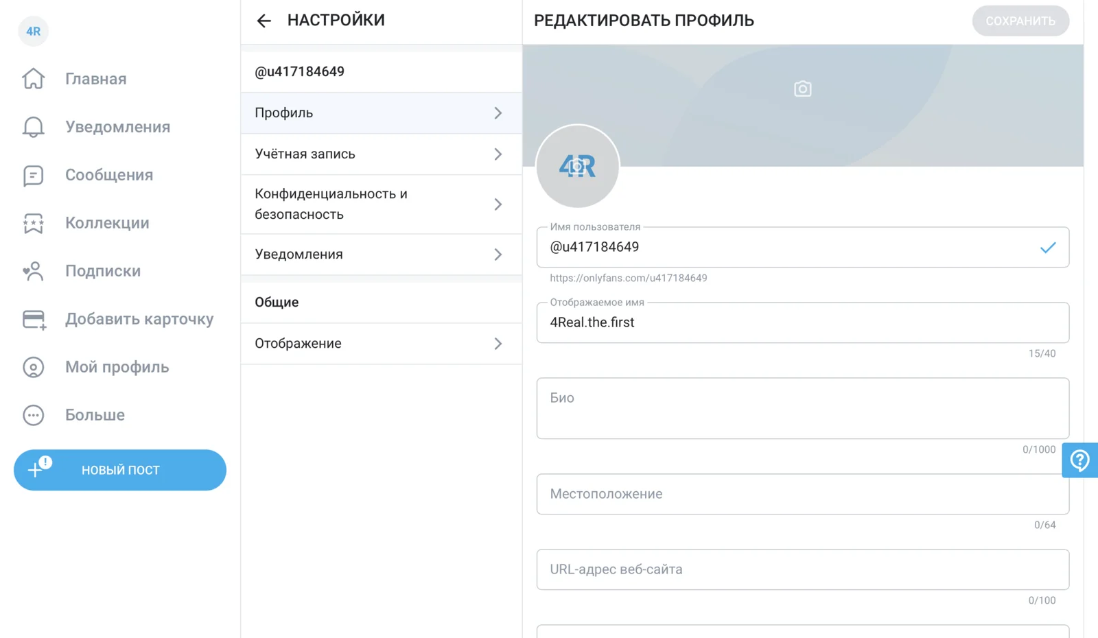 Screenshot of settings - editing profile