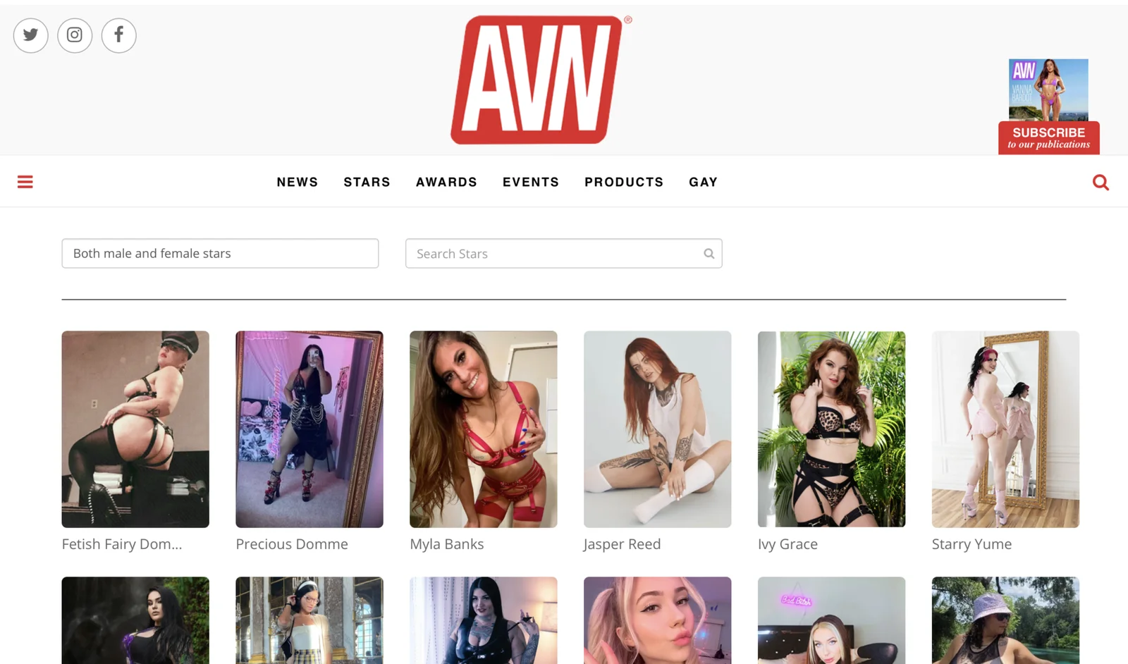 Screenshot of the AVN Stars home page