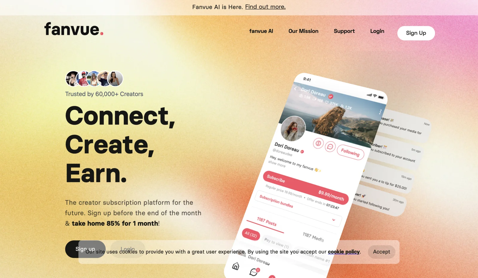 Screenshot of the main page of the Fanvue service