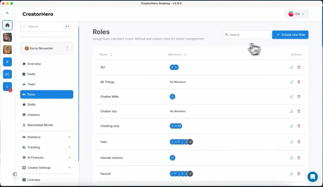 Roles y permisos del equipo en CreatorHero