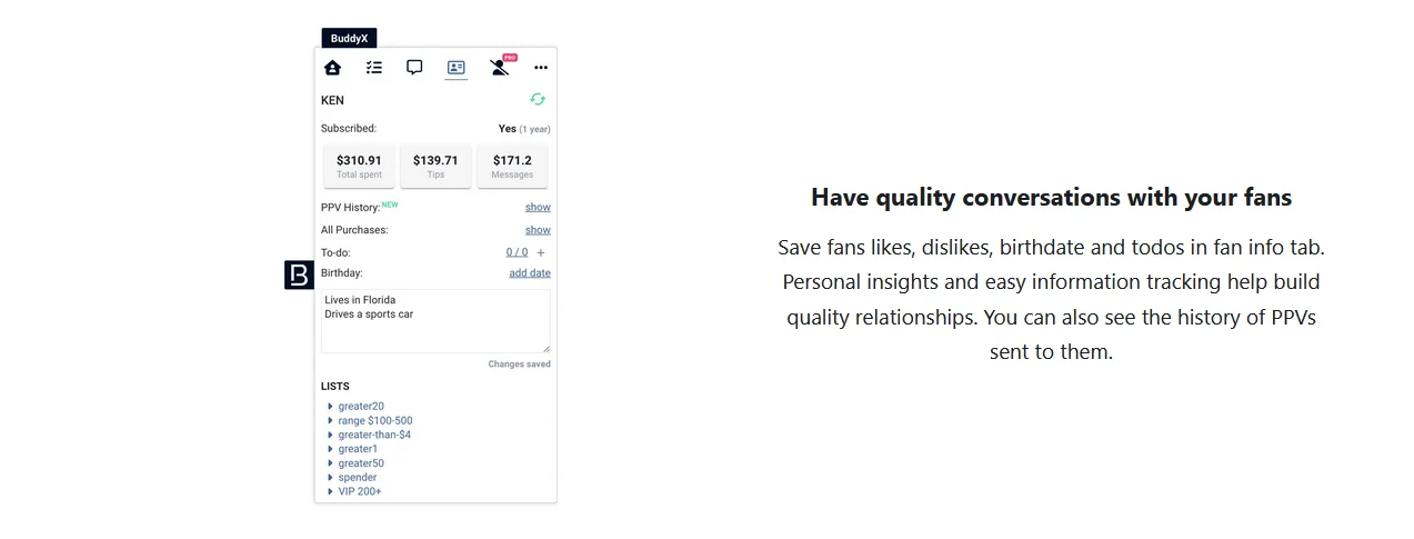 Illustration 8 for the material “Review and feedback on BuddyX, CRM for OnlyFans via Chrome Extension”