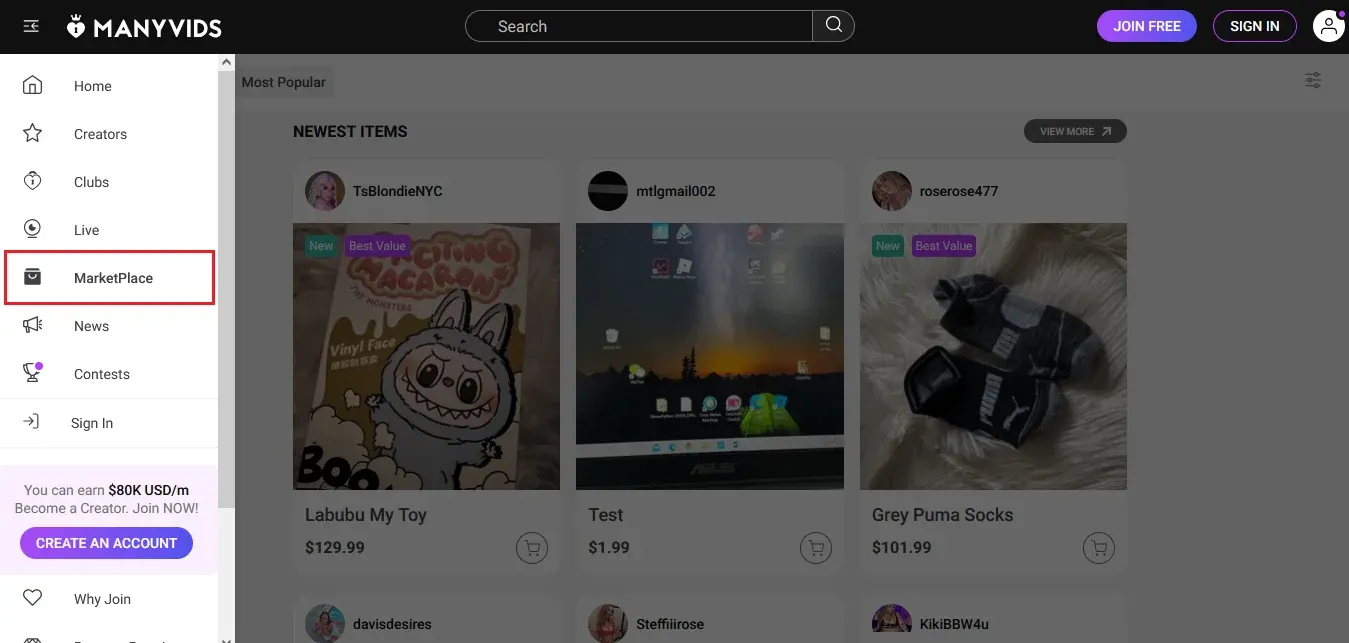 Marketplace MV Store en ManyVids