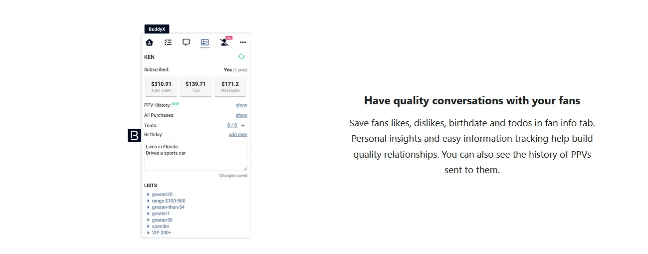 Illustration 3 for the material “Review and feedback on BuddyX, CRM for OnlyFans via Chrome Extension”