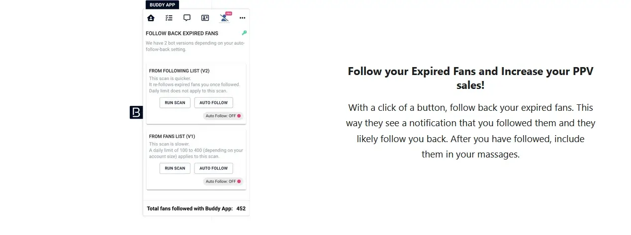 Ajustes de follow-back de BuddyX para fans con suscripción vencida